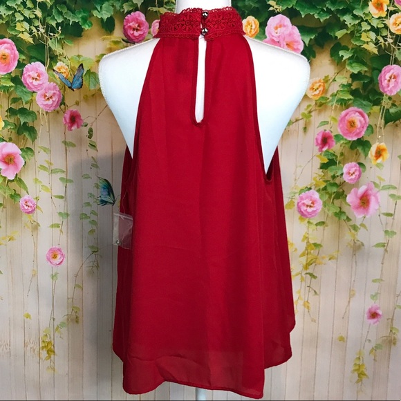 Red Flowy Top with Lace Neck Closure - Picture 3 of 8